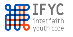 Red and blue grid design on left, grey letters on right spelling IFYC in all caps and interfaith youth core in all lowercase letters