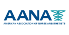 Dark blue letters spelling AANA in large capital letters and American Association of Nurse Anesthetists in smaller capital letters below, with green artistic rendering of nurse symbol by the larger letters